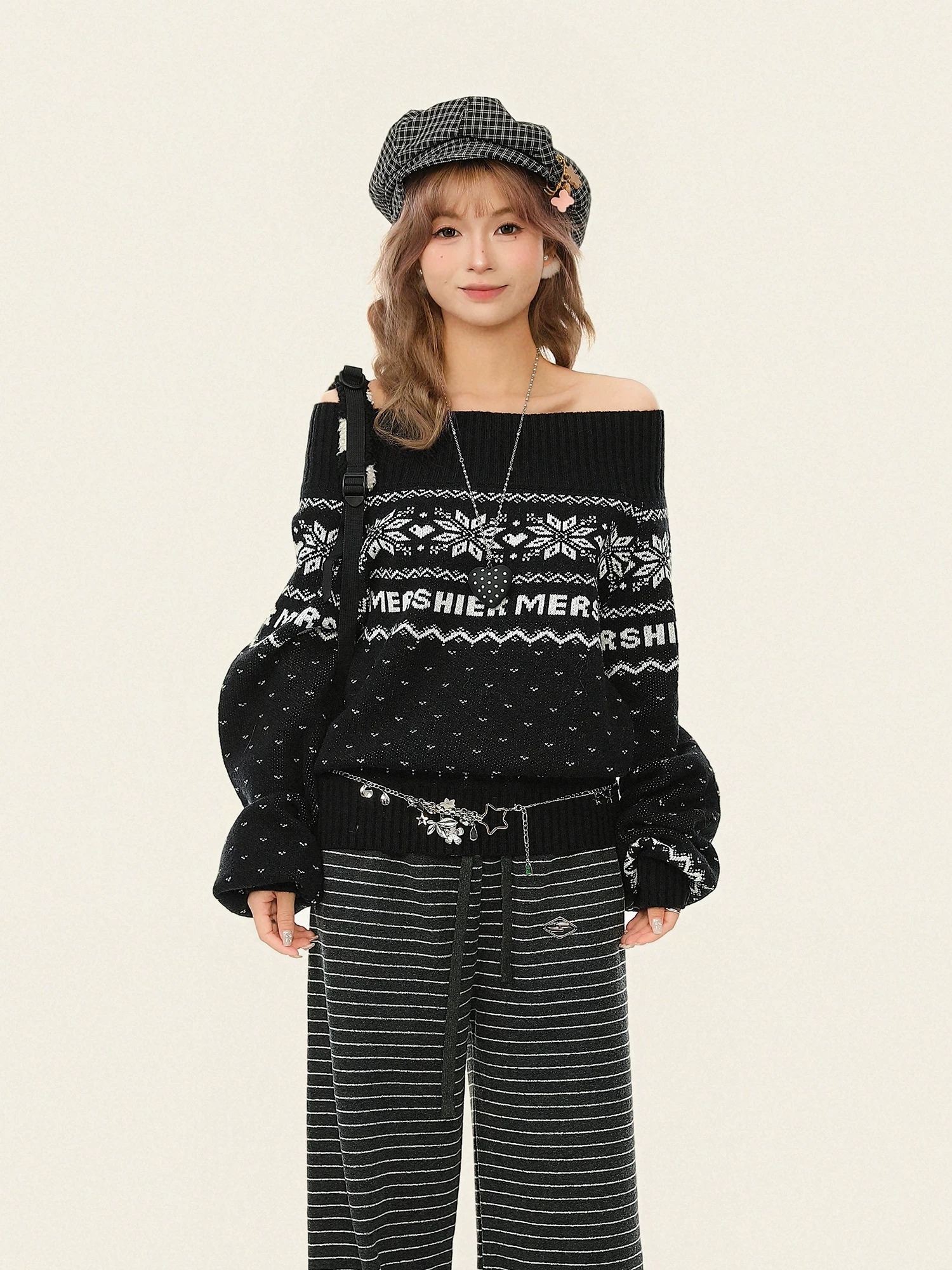 Áo len trễ vai kiểu Fair Isle phong cách Hàn Quốc dành cho nữ, kiểu dáng lười biếng mùa thu đông, áo len dệt kim rộng rãi kiểu Giáng sinh.