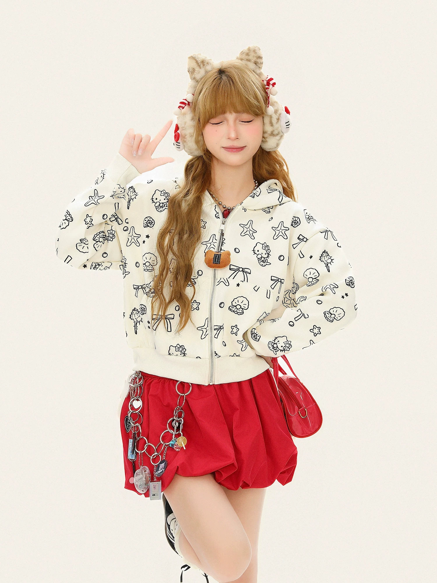 Áo nỉ có mũ ngắn in hình mèo Kitty dễ thương dành cho nữ, áo khoác cardigan thiết kế rộng rãi mùa thu.