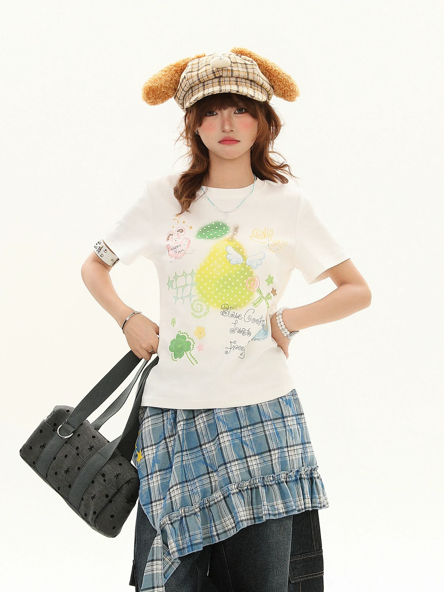 Áo thun ngắn tay in họa tiết Bulu Biscuit Pear Polka Dot dành cho nữ, áo thun ngắn tay giảm béo mùa hè đa năng trẻ trung thường ngày.