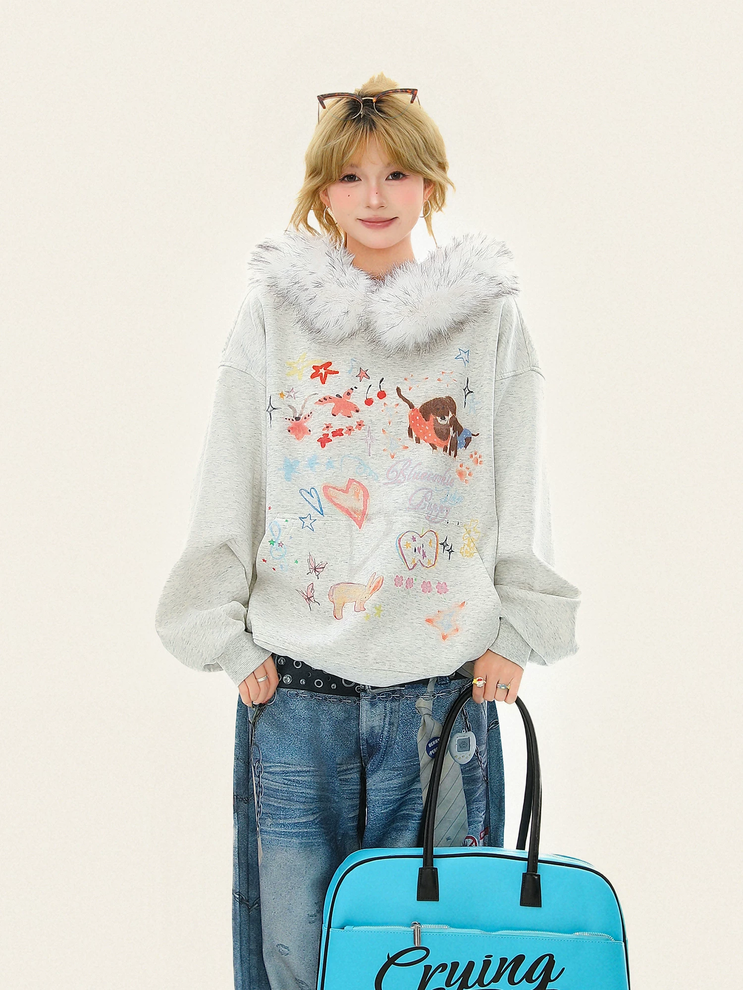 Áo hoodie có mũ trùm đầu, cổ lông in hình hoạt hình dễ thương và vui nhộn dành cho nữ, áo hoodie rộng rãi lót lông cừu mùa đông.