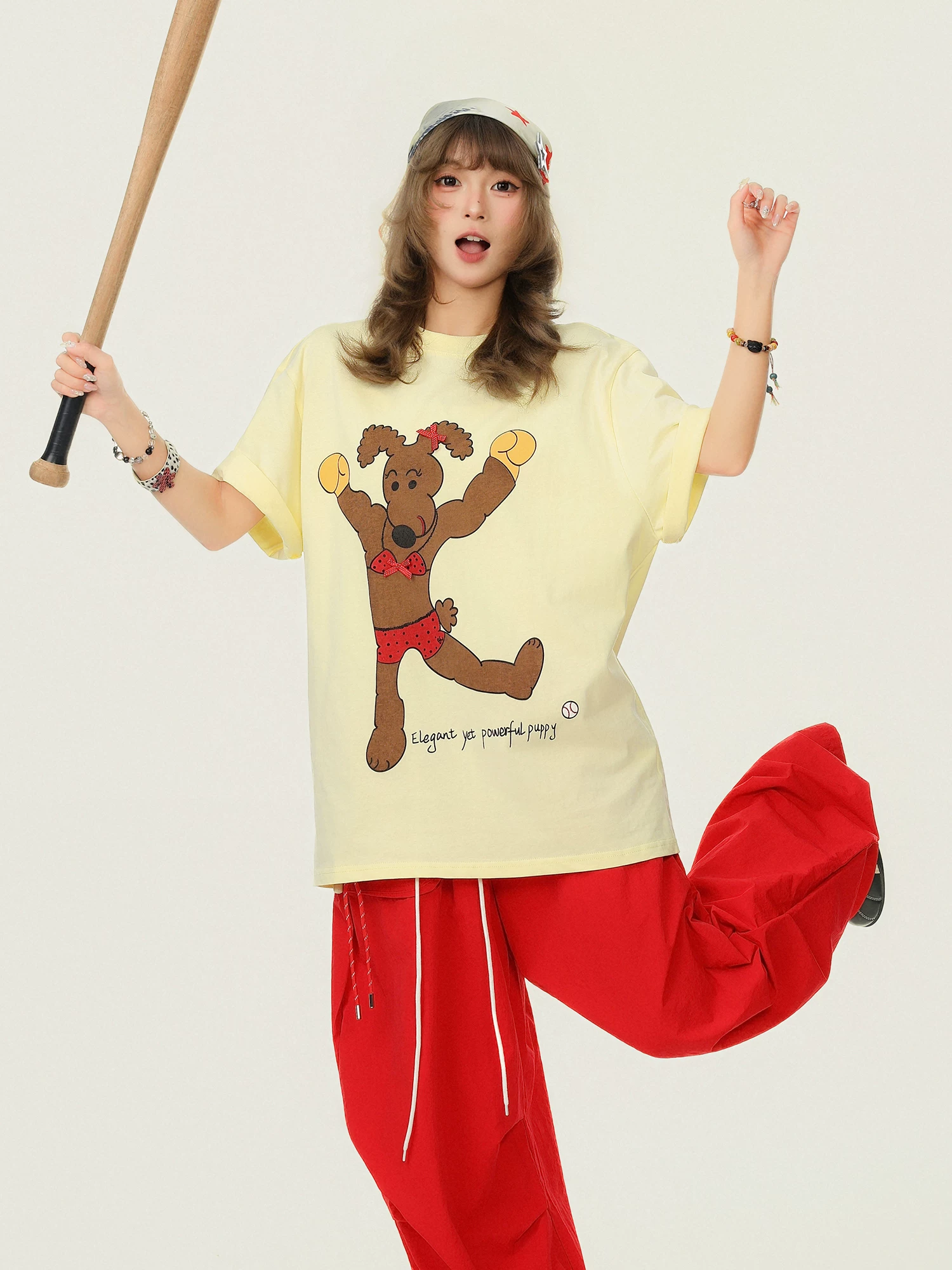 Áo thun ngắn tay cổ tròn in hình Bulu Biscuit Fun Boxing Puppy dành cho nữ, áo thun mùa hè dáng rộng thông thường đa năng.