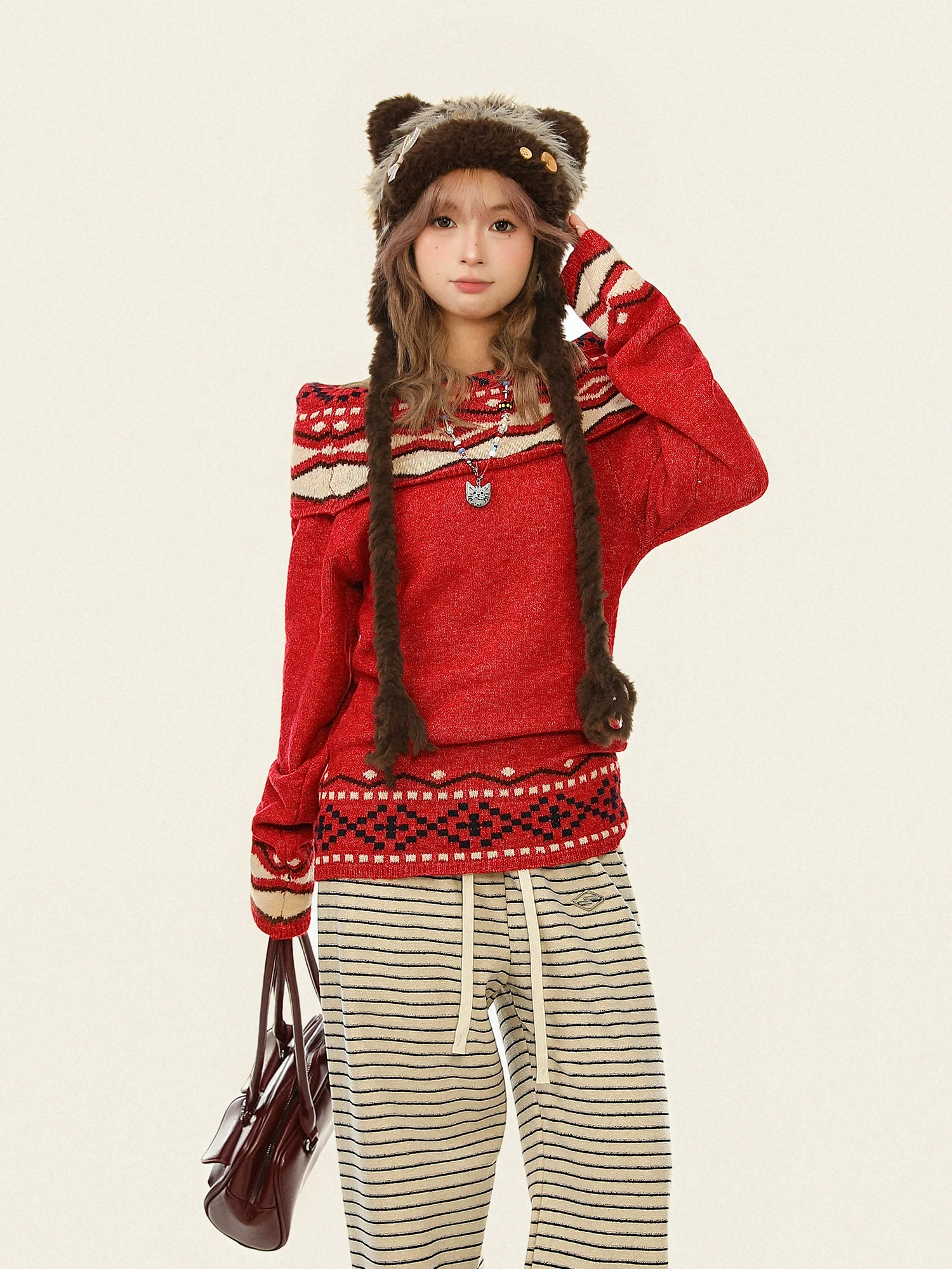 Áo len trễ vai kiểu Fair Isle ngọt ngào phong cách Hàn Quốc dành cho nữ, trang phục Giáng sinh mùa thu đông, áo dệt kim kiểu dáng lười biếng.