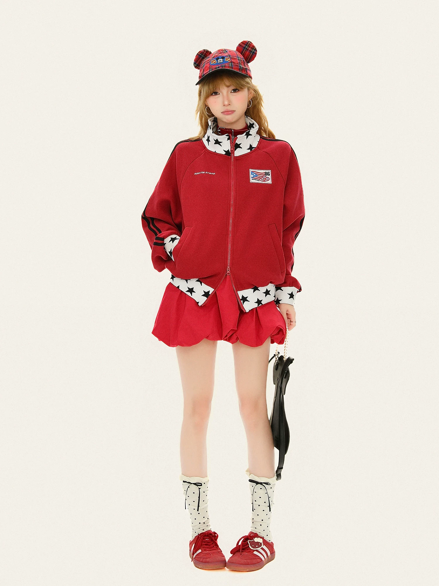 Áo khoác cardigan thể thao cổ đứng họa tiết ngôi sao phong cách retro của Mỹ dành cho nữ, áo dáng rộng phối màu mùa thu.