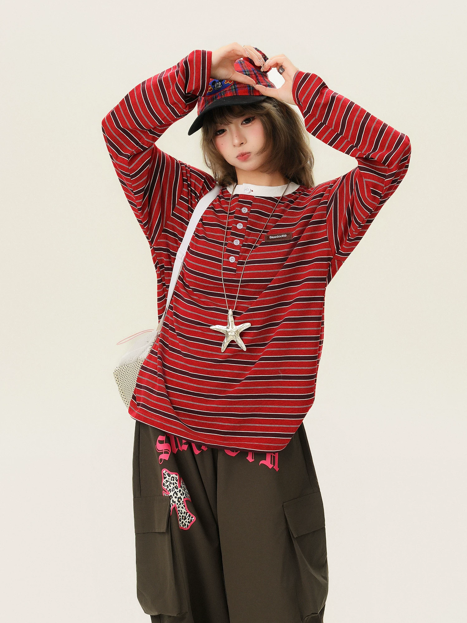 Áo thun nữ cổ Henley sọc retro Bulu Biscuit tay dài, kiểu dáng rộng rãi, phong cách thoải mái, đa năng mùa xuân 2026