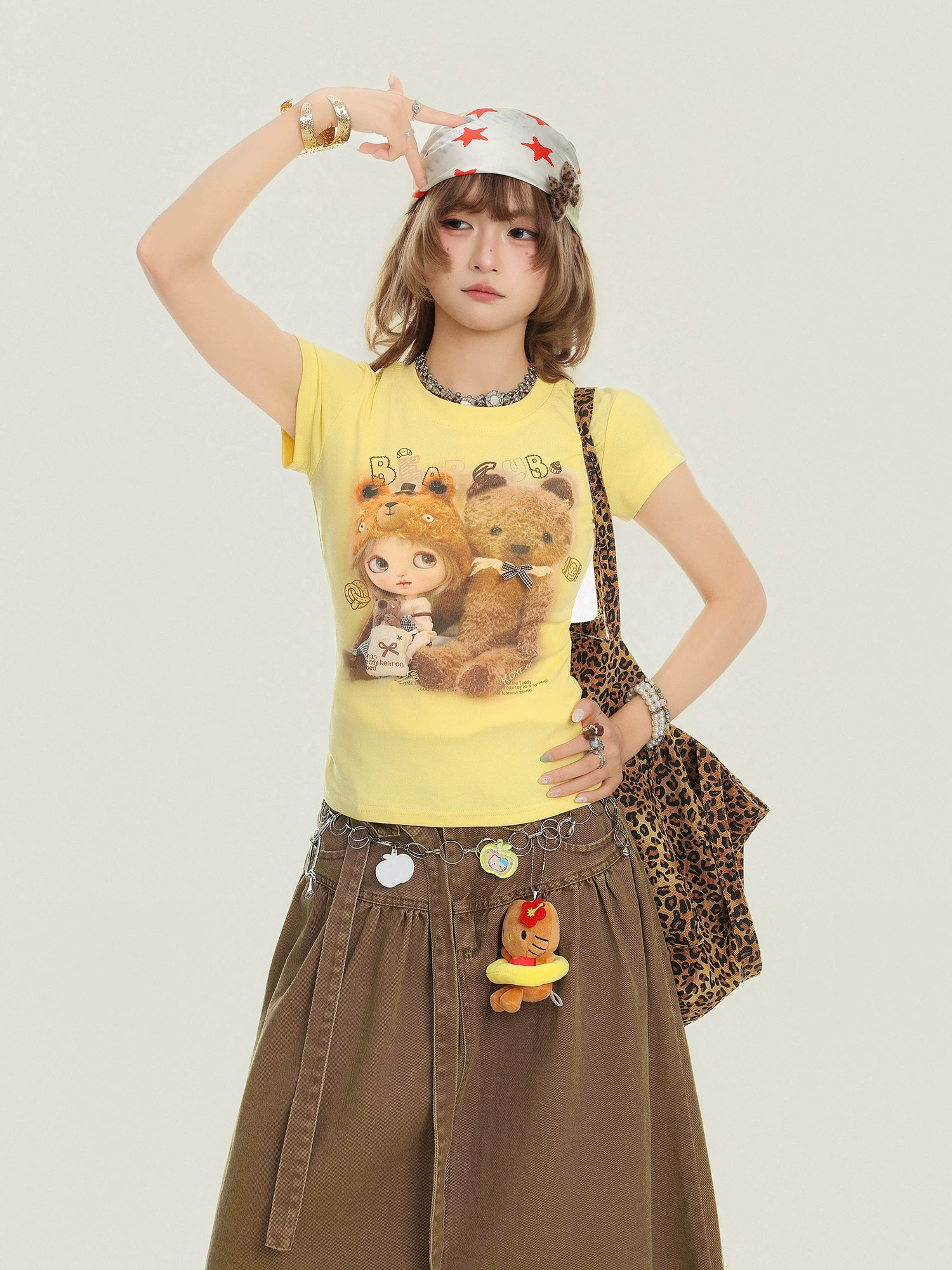 Bulu Biscuit Sweet Cool Spicy Girl Phong Cách Hoạt Hình Gấu Áo Thun Nữ Tay Ngắn Cho Nữ Mùa Hè Slim Fit Ngắn Top