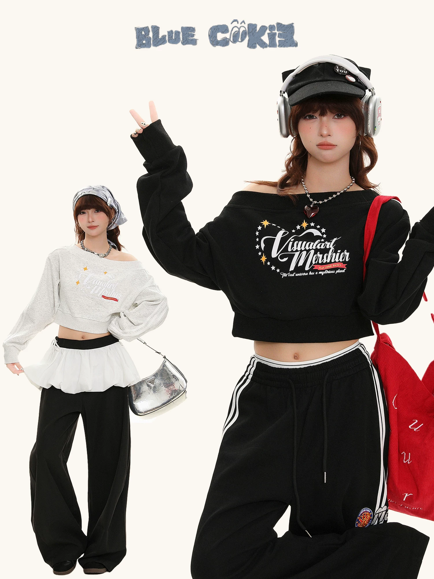 Áo sweatshirt nữ tay dài, kiểu Mỹ, in hình trái tim, chất liệu mềm mại, dáng rộng, phong cách casual, mùa thu 2025, thương hiệu Bulu Biscuit.