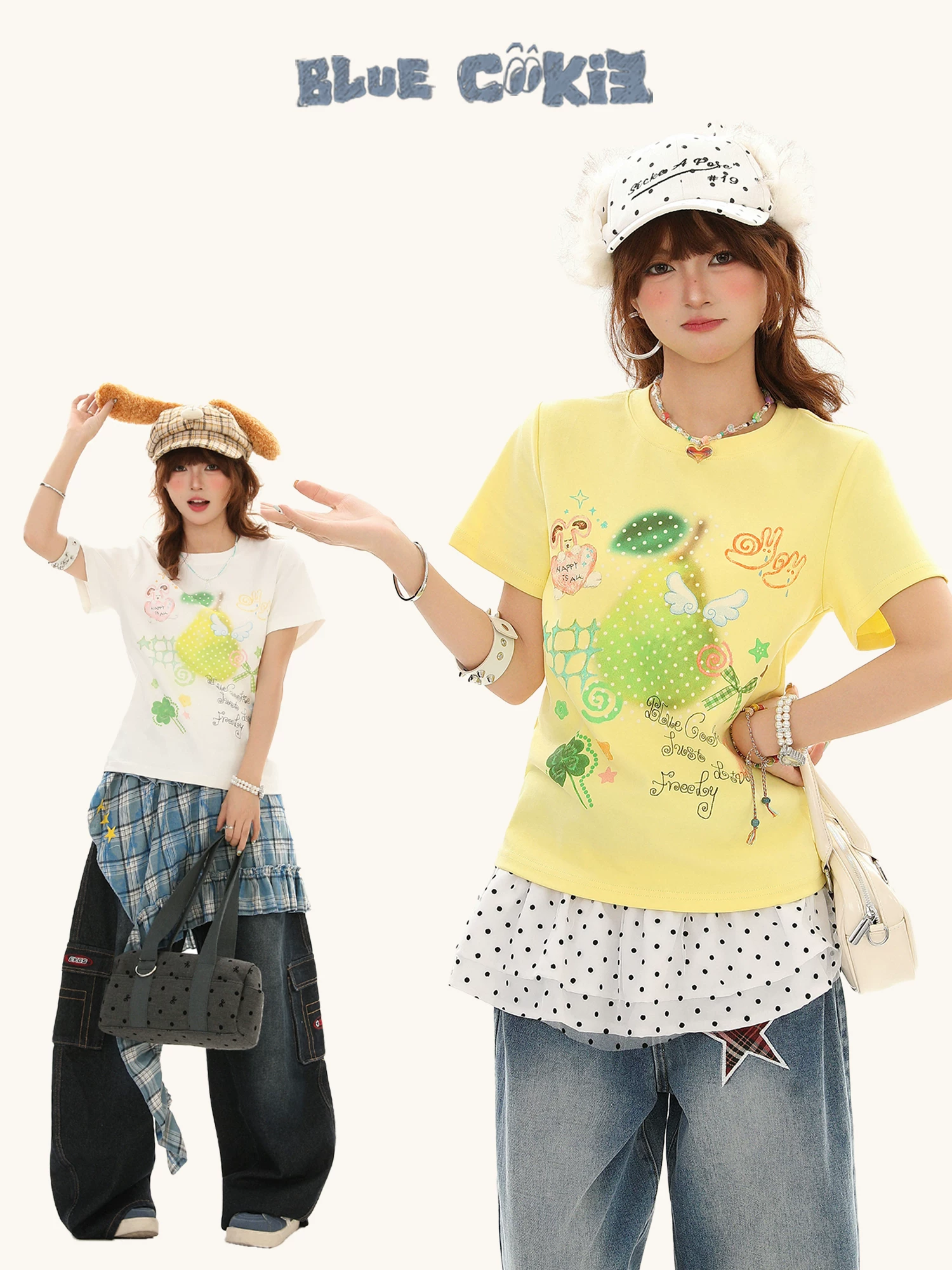 Áo thun ngắn tay in họa tiết Bulu Biscuit Pear Polka Dot dành cho nữ, áo thun ngắn tay giảm béo mùa hè đa năng trẻ trung thường ngày.