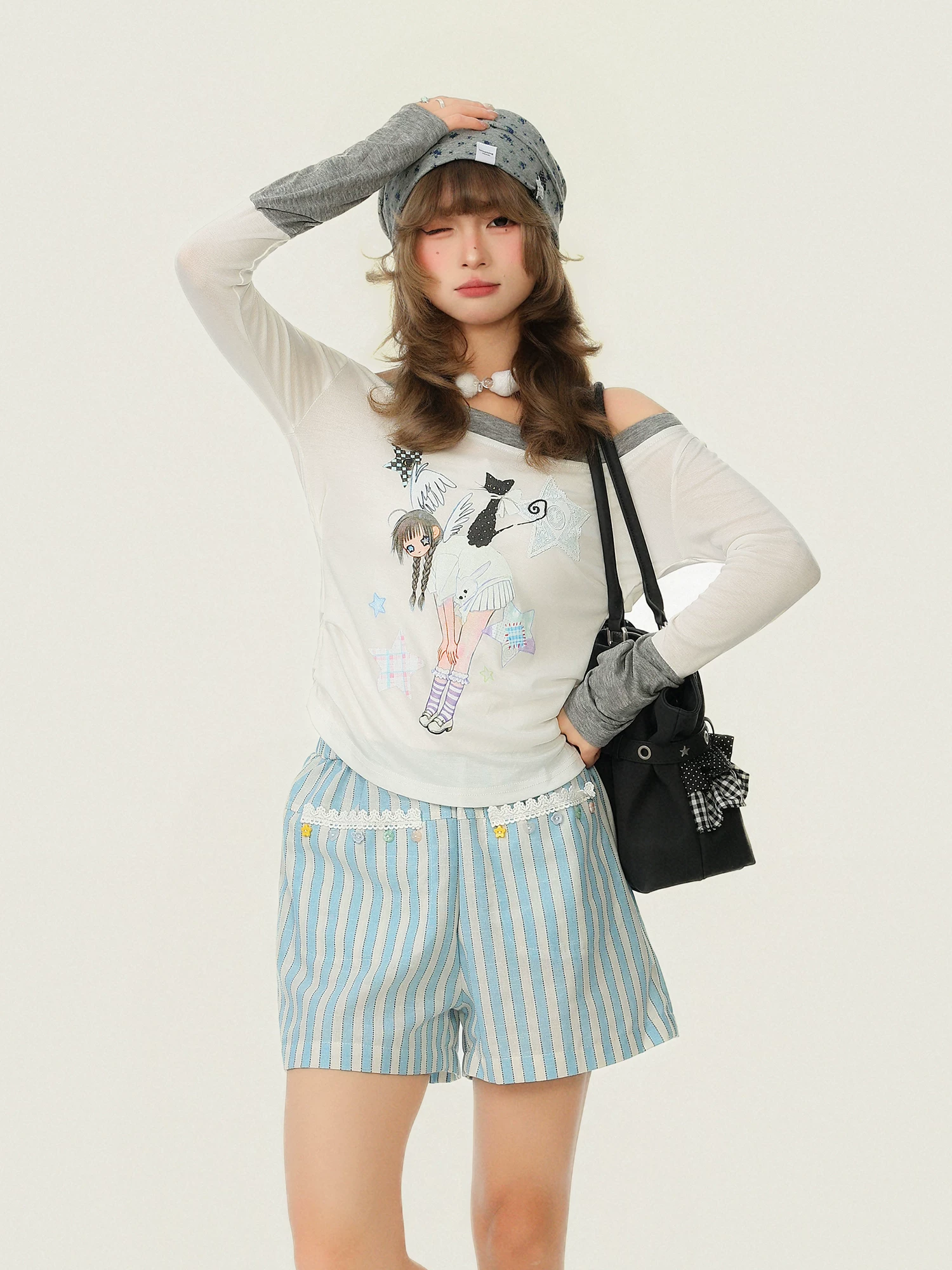 Bulu Biscuit Anime Girl Phong Cách Cổ Áo Bất Đối Xứng Áo Thun Dài Tay Cho Nữ Mùa Xuân Hai Mảnh Slim Fit Màu Khối Bên Trong Top