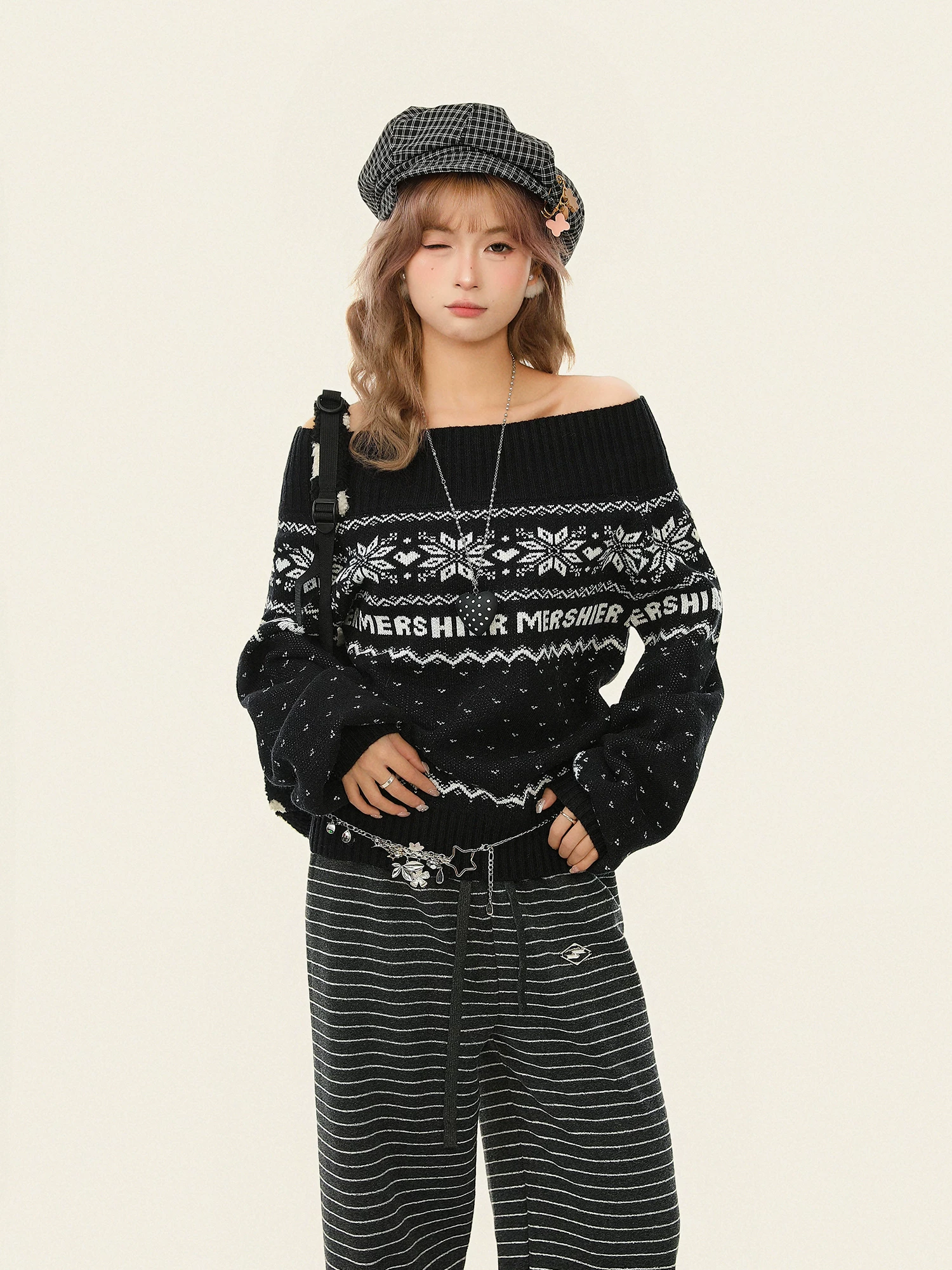 Áo len trễ vai kiểu Fair Isle phong cách Hàn Quốc dành cho nữ, kiểu dáng lười biếng mùa thu đông, áo len dệt kim rộng rãi kiểu Giáng sinh.