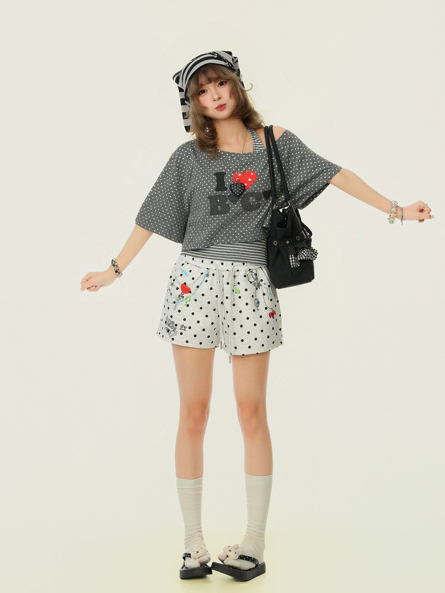 Quần short in họa tiết chấm bi hoạt hình dành cho nữ - Quần short thường ngày đa năng cạp cao ngọt ngào mùa hè