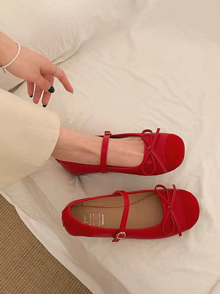 Giày bệt kiểu ballet màu đỏ dành cho nữ, mẫu mới thu 2025, đa năng, mũi tròn, đế mềm, kiểu Mary Jane Pháp