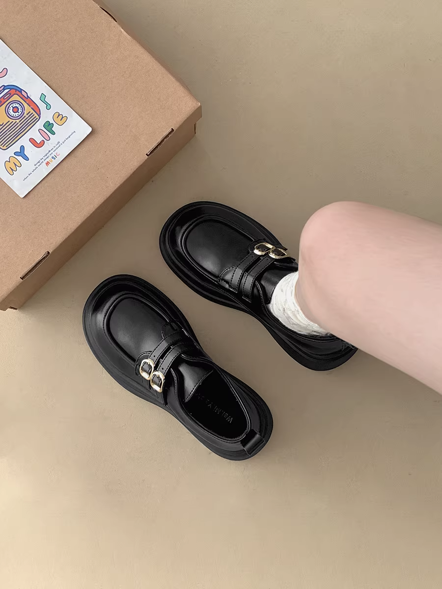 Giày da nữ đế dày kiểu Pháp cổ điển màu đen, mẫu mới thu 2025, phong cách đa năng, phối chân váy, kiểu Anh, gót dày, giày đơn.