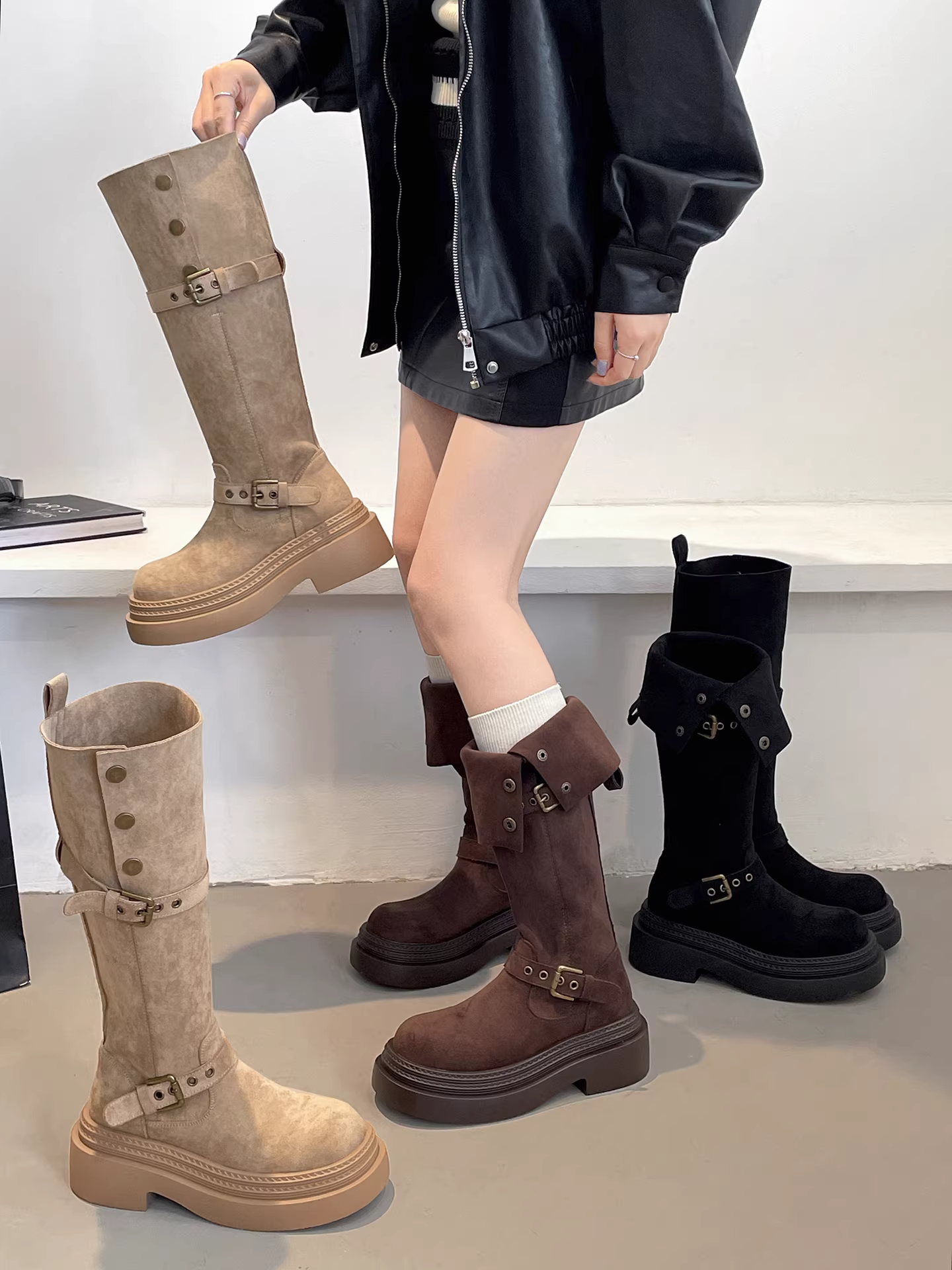 Giày bốt nữ đế dày kiểu Maillard màu nâu cổ điển, bốt cao cổ mùa thu đông 2025 mới, tăng chiều cao, tôn dáng, kiểu hiệp sĩ