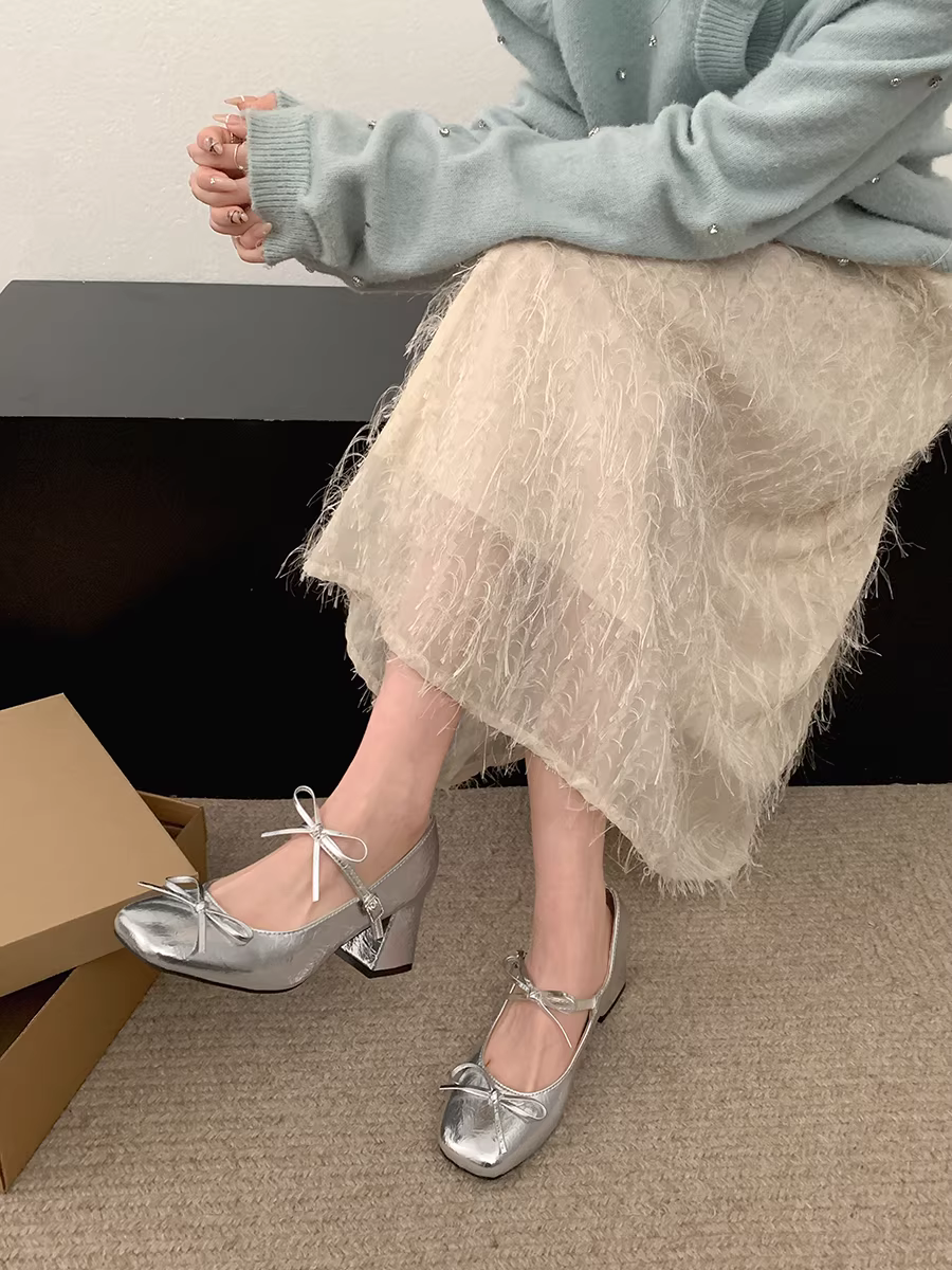 Giày cao gót da kiểu Pháp cổ điển dành cho nữ, phong cách thu đông 2025 mới, giày Mary Jane tăng chiều cao có nơ.