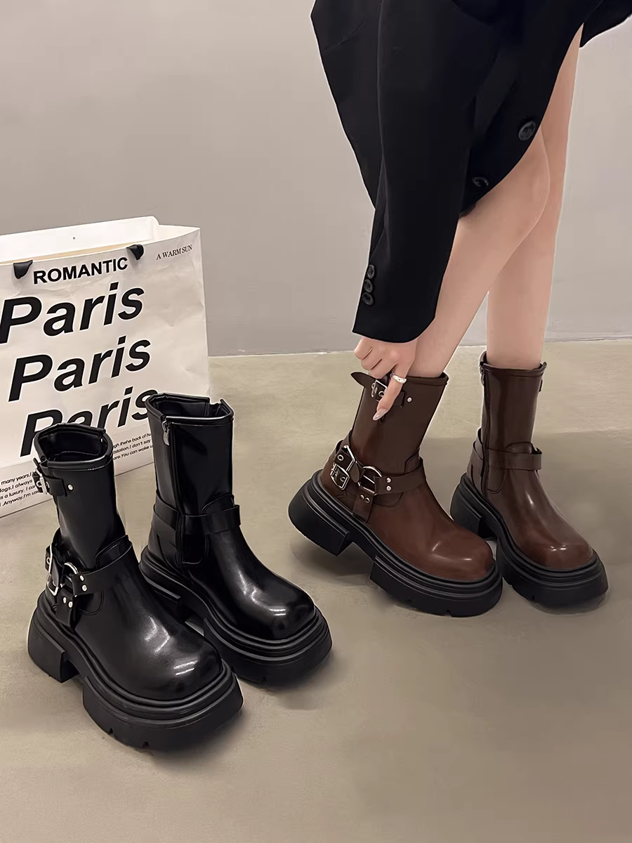 Giày cao bồi nữ kiểu Mỹ đế dày màu nâu nhạt, kiểu dáng cổ điển mùa thu đông 2025, gót dày, kiểu Martin ngắn