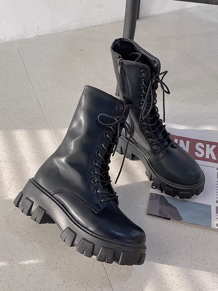 Giày bốt Martin kiểu Anh màu trắng, giày bốt đi xe máy 2025, giày bốt đơn giản đa năng, đế dày, tăng chiều cao, kiểu giữa bắp chân, giày bốt cao gót ngắn