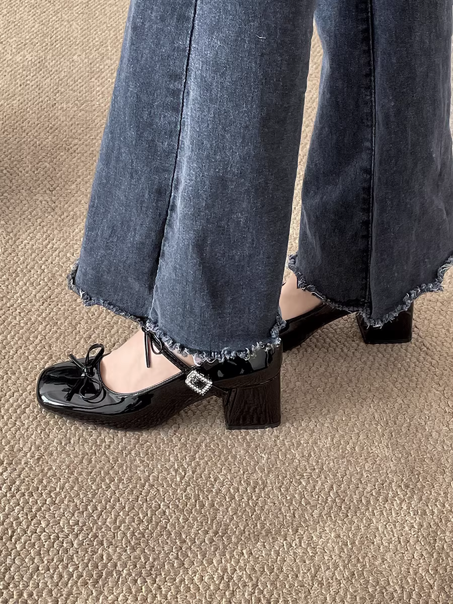 Giày Mary Jane da nữ đế xuồng, mũi vuông, nơ, kiểu dáng cổ điển, mùa thu mới 2025.