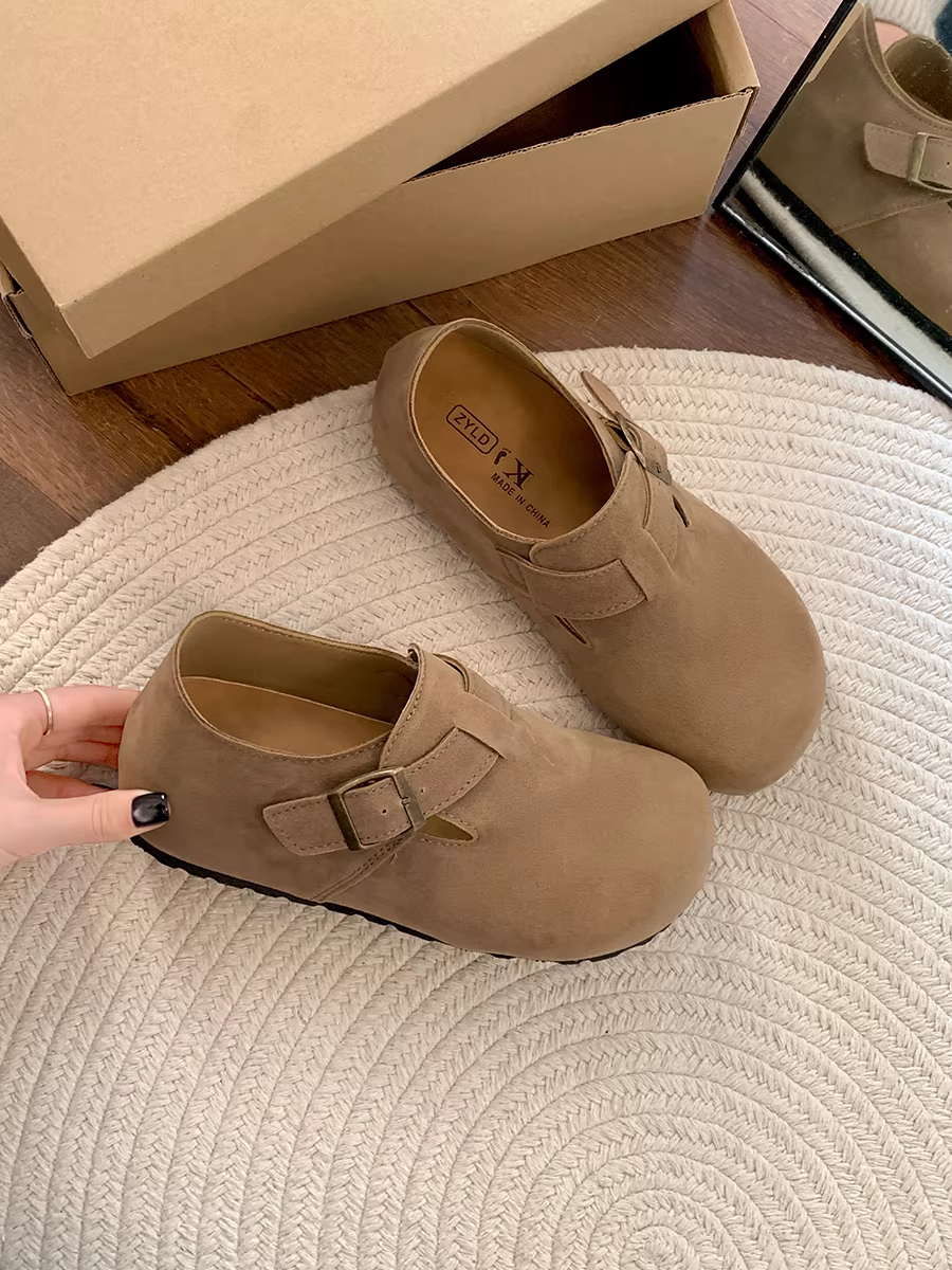 Giày Birkenstock đế bằng tăng chiều cao dành cho nữ, giày lười mũi tròn tăng chiều cao kiểu retro mùa thu mới 2025.