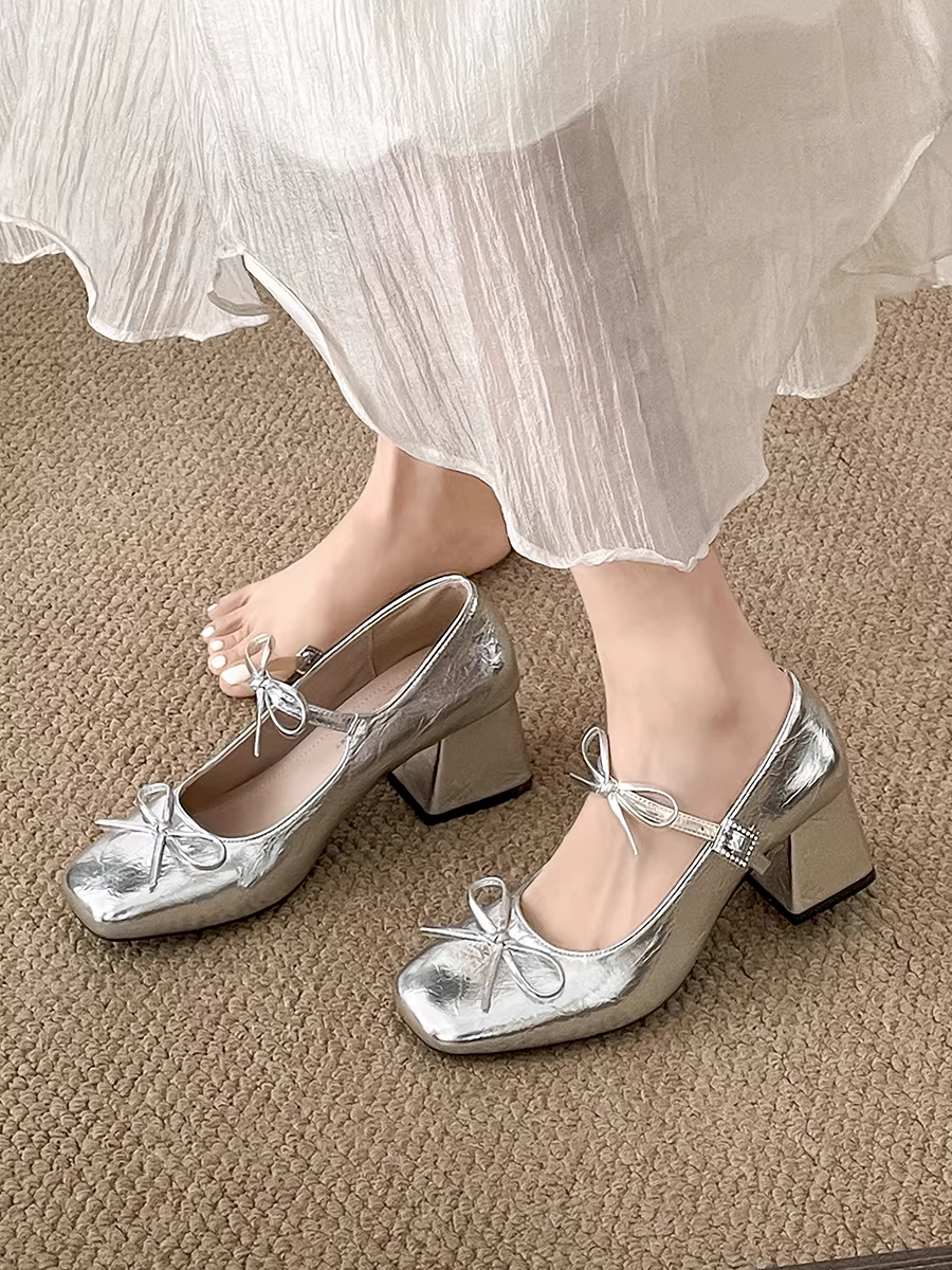 Giày Mary Jane da nữ đế xuồng, mũi vuông, nơ, kiểu dáng cổ điển, mùa thu mới 2025.