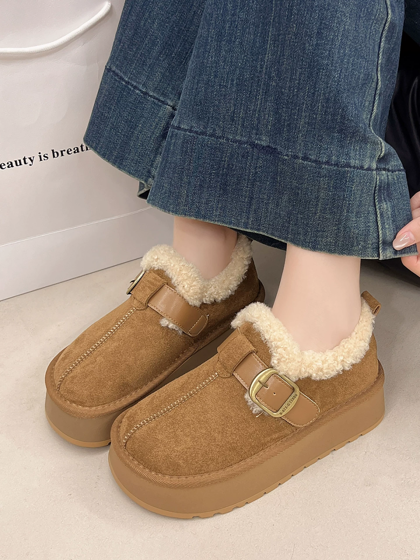 Giày bốt đi tuyết đế dày lót lông cừu kiểu cổ điển Nanzai dành cho nữ 2025 Giày cotton kiểu Birkenstock ấm áp mùa đông mới.