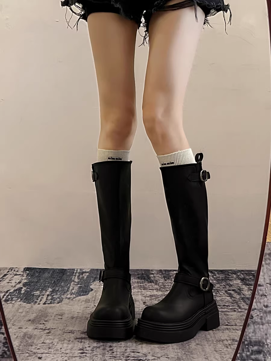 Giày bốt cao đến đùi đế xuồng chunky kiểu Mỹ màu đen dành cho nữ, mẫu mới thu đông 2025, kiểu dáng Anh, tôn dáng, kiểu đi cưỡi ngựa