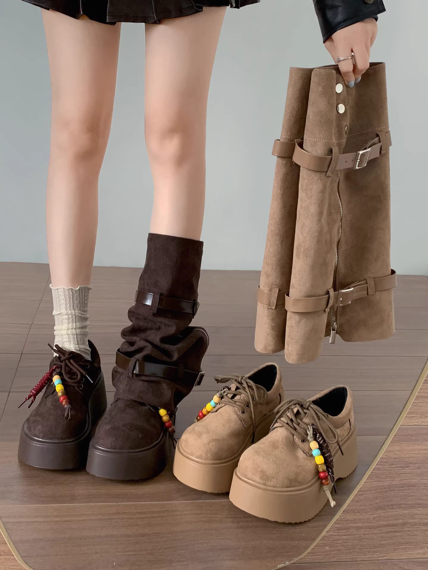 Giày bốt đế dày tăng chiều cao kiểu retro màu nâu Melard dành cho nữ, kiểu dáng thu đông 2025 mới, có thể phối với váy hoặc như bốt cao đến giữa bắp chân với quần.