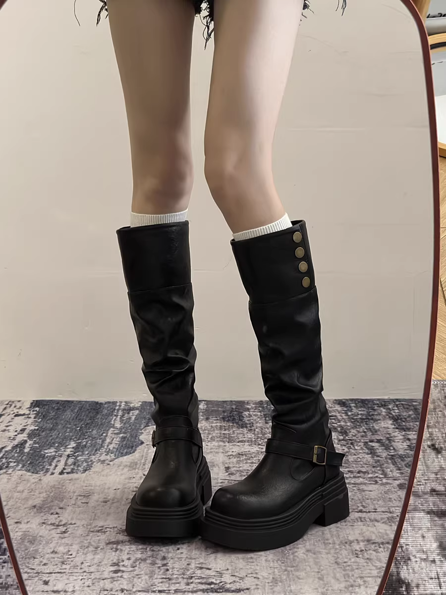 Giày bốt cao cổ đế dày kiểu Mỹ cổ điển dành cho nữ, mẫu mới thu đông 2025, kiểu dáng thon gọn, trên gối, kiểu cưỡi ngựa