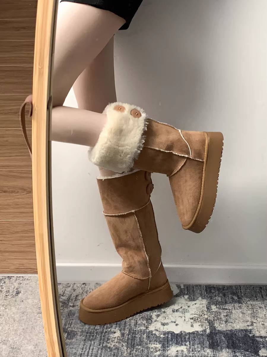 Giày bốt đi tuyết đế dày màu nâu Nanzai Nanfang dành cho nữ, giày bốt cotton lót lông mùa đông mới 2025, giày cotton ấm áp.
