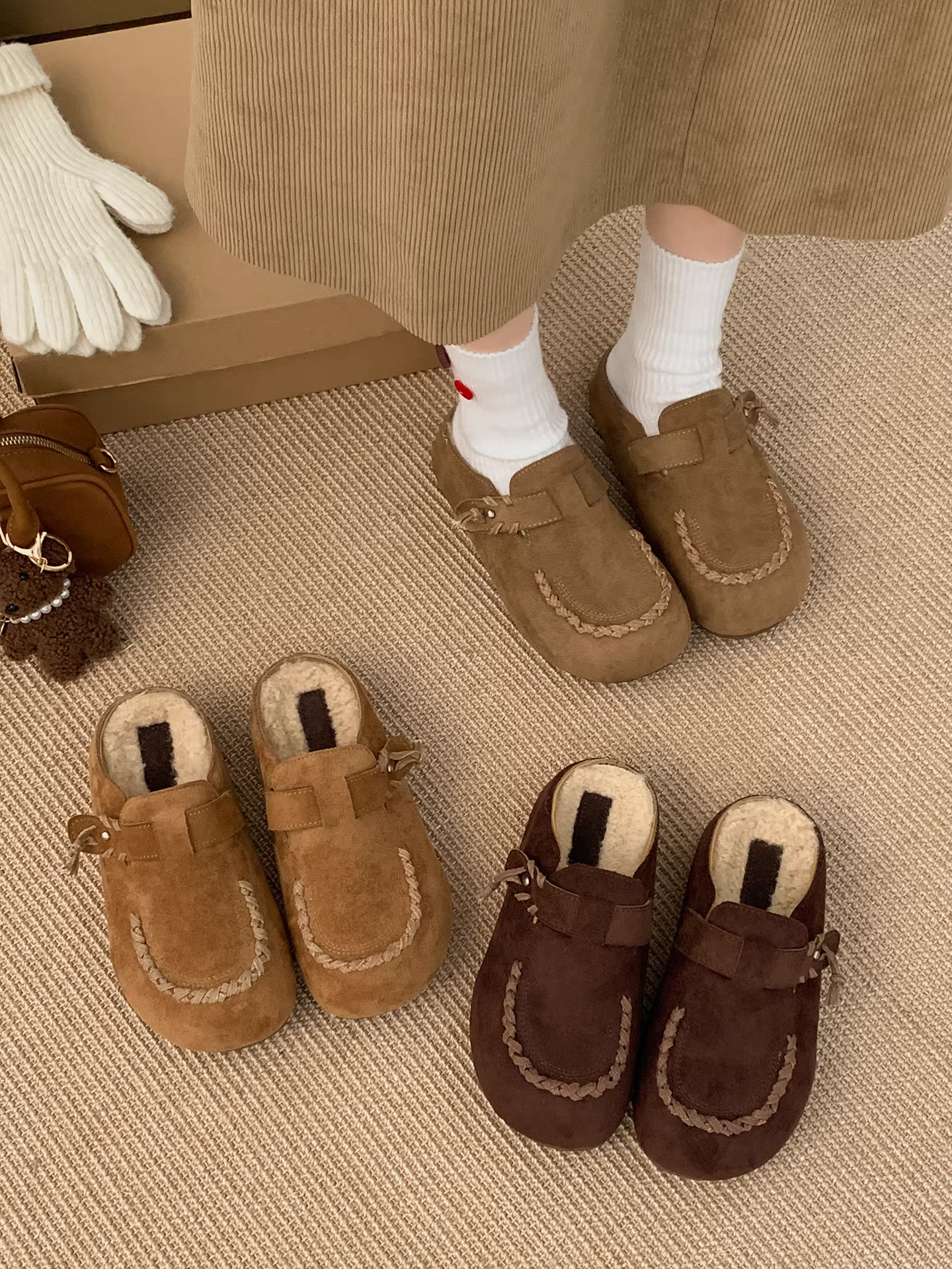 Giày Birkenstock nửa đế bằng nhung nâu cổ điển đế dày dành cho nữ, mẫu mới mùa đông 2025, giữ ấm, chống trơn, chất liệu cotton