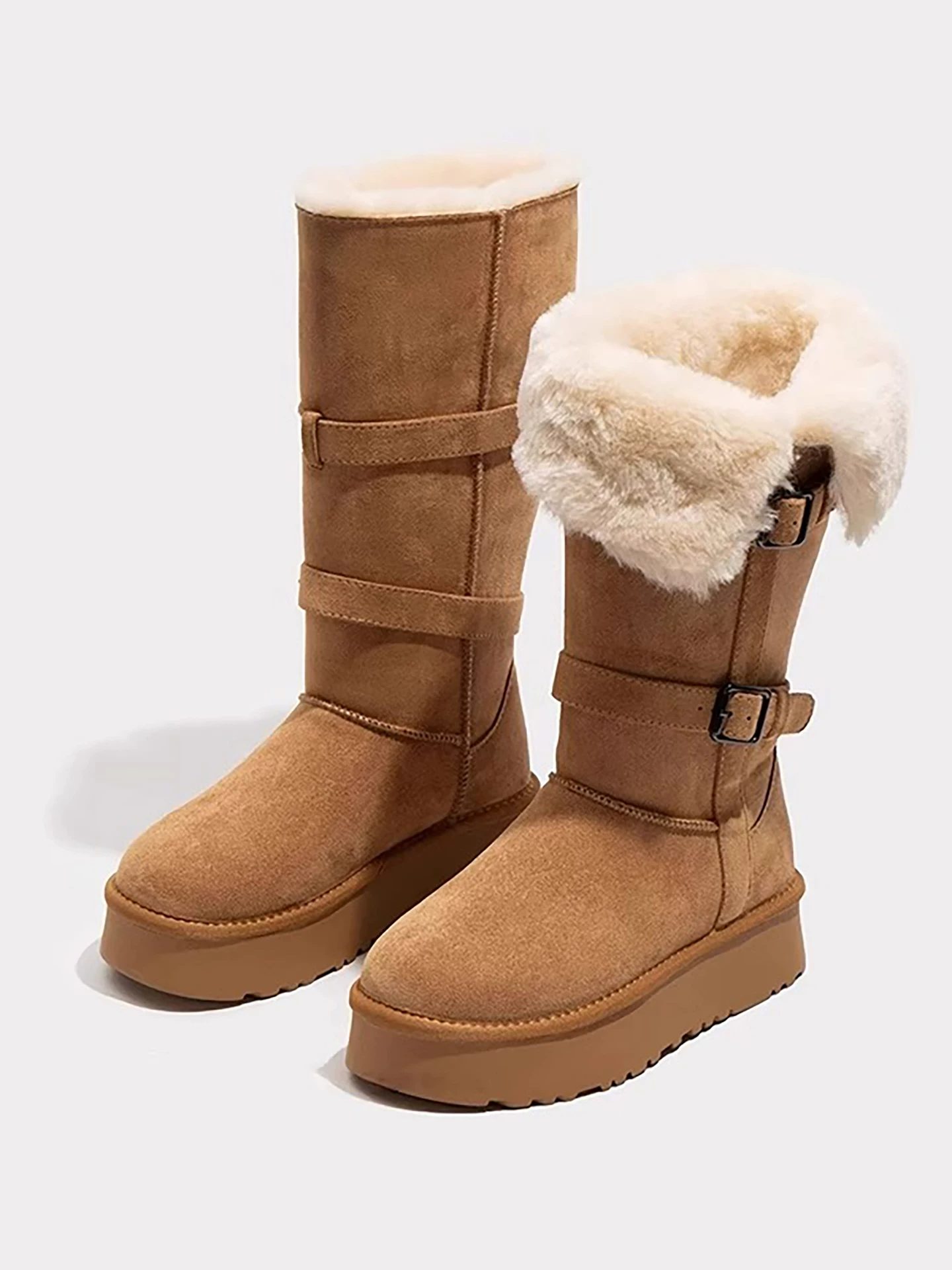 Giày bốt tuyết đế dày màu xám ấm dành cho nữ, kiểu dáng mùa đông mới 2025, lót lông cừu và dày dặn, kiểu bốt và giày bông cao đến giữa bắp chân.