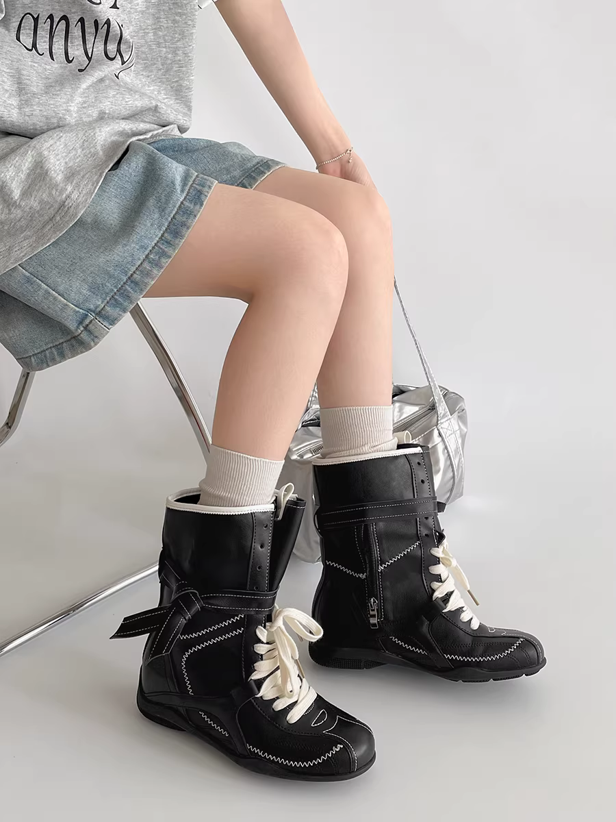 Giày bốt nữ đế dày kiểu Anh cổ điển màu đen, kiểu thu đông 2025 mới, phối chân váy, bốt cao cổ mỏng