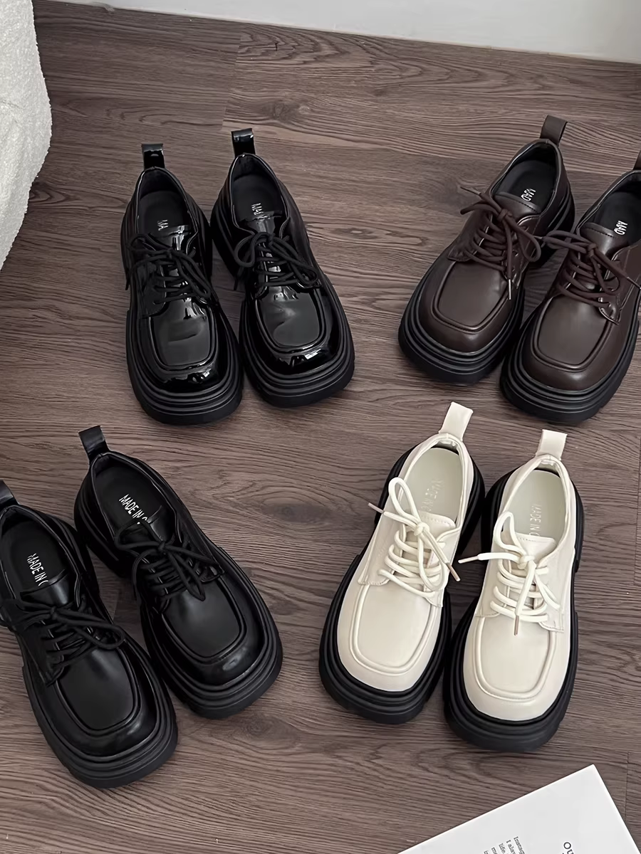 Giày da nữ đế dày phong cách Anh quốc đa năng màu đen, kiểu mới thu đông 2025, gót dày, buộc dây, tăng chiều cao, kiểu retro, giày đơn.