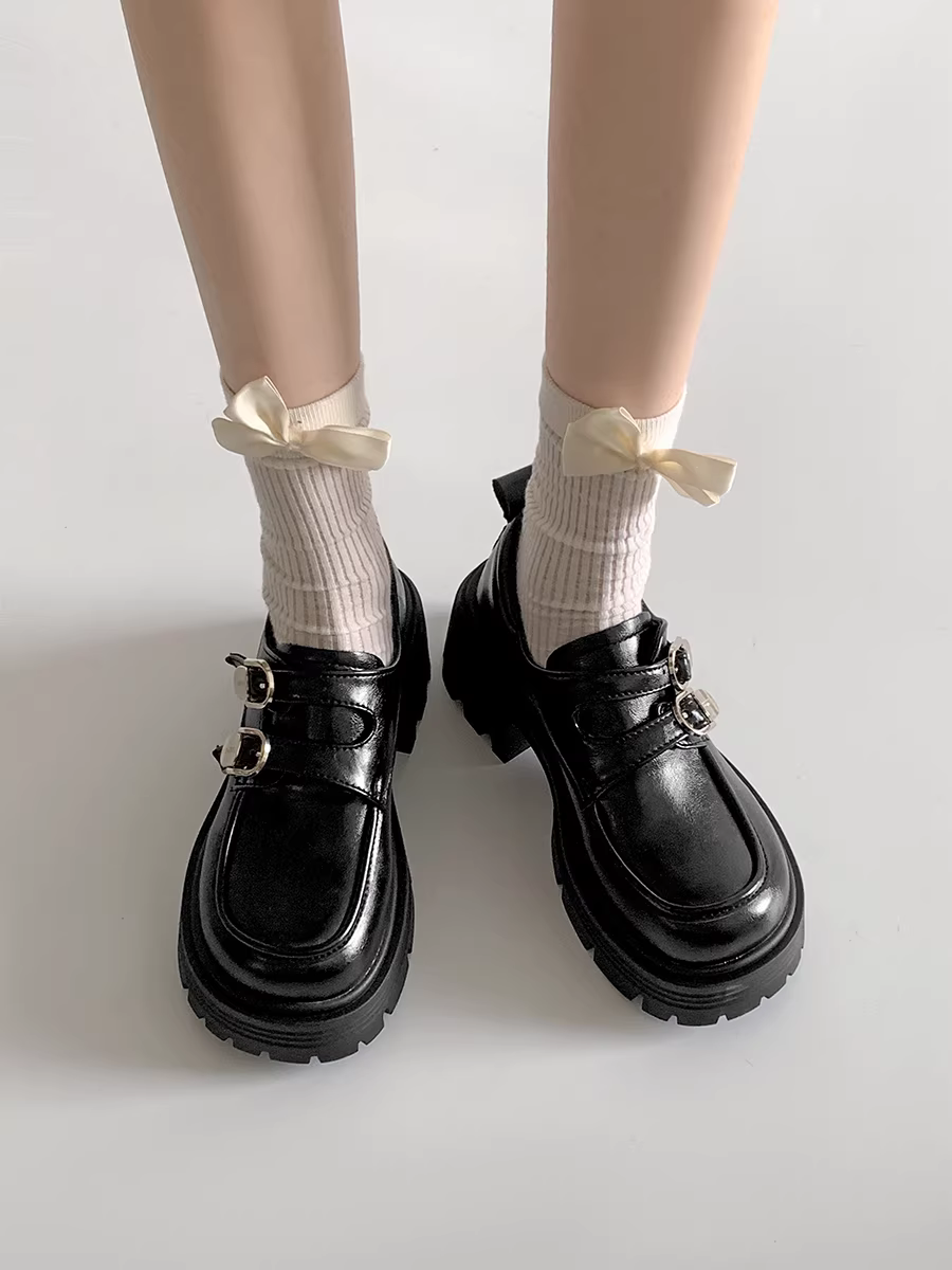 Giày da đế dày kiểu Anh cổ điển màu đen dành cho nữ Thu Đông 2025, kiểu dáng Pháp, tăng chiều cao