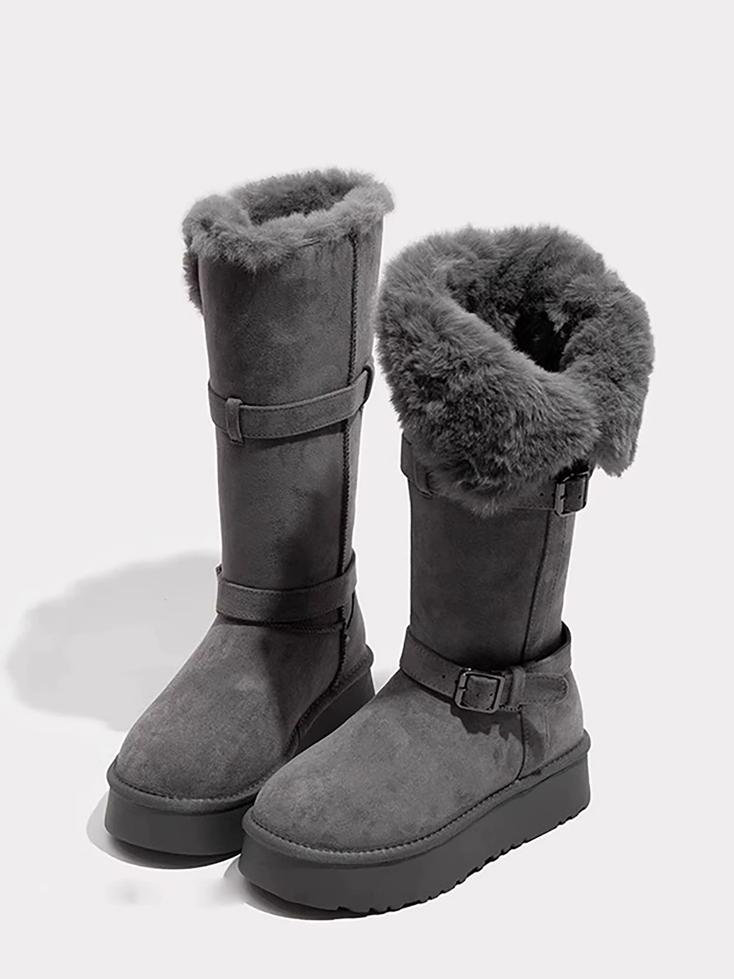 Giày bốt tuyết đế dày màu xám ấm dành cho nữ, kiểu dáng mùa đông mới 2025, lót lông cừu và dày dặn, kiểu bốt và giày bông cao đến giữa bắp chân.