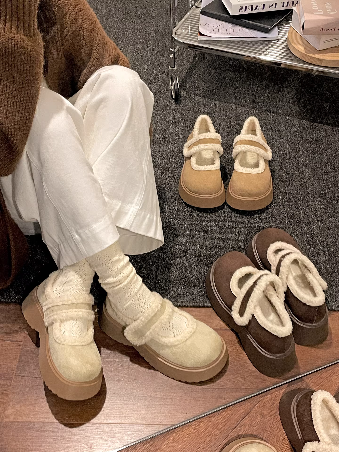 Giày bông tuyết đế dày nhung nâu cổ điển dành cho nữ, mẫu mới thu đông 2025, giữ ấm, kiểu Mary Jane Birkenstock