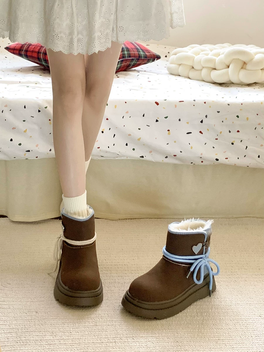 Giày bốt đi tuyết đế dày màu nâu Nam Trung Quốc dành cho nữ 2025 Giày cotton đi tuyết ấm áp lót lông cừu mùa đông mới.