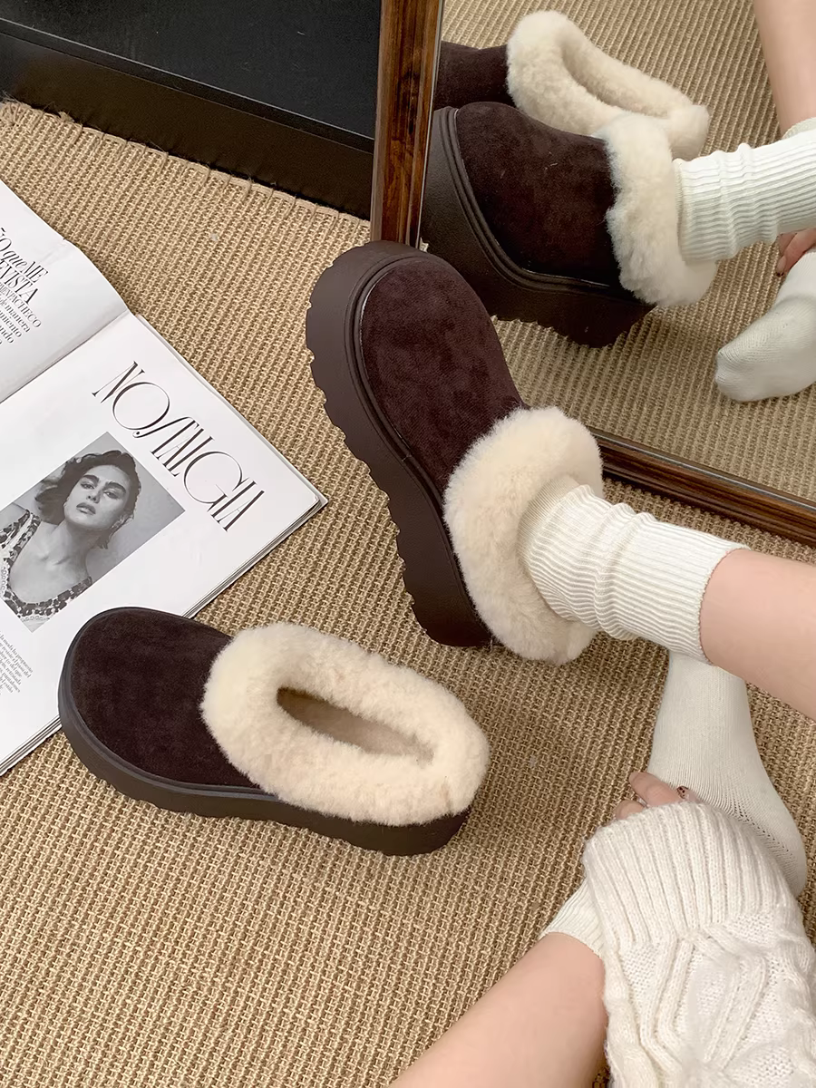 Giày dép lông dày đế dày kiểu cổ điển dành cho nữ, thích hợp để mang ngoài trời, mẫu mới mùa đông 2025, lót lông cừu, ấm áp, tăng chiều cao, kiểu giày cotton phong cách Birkenstock.