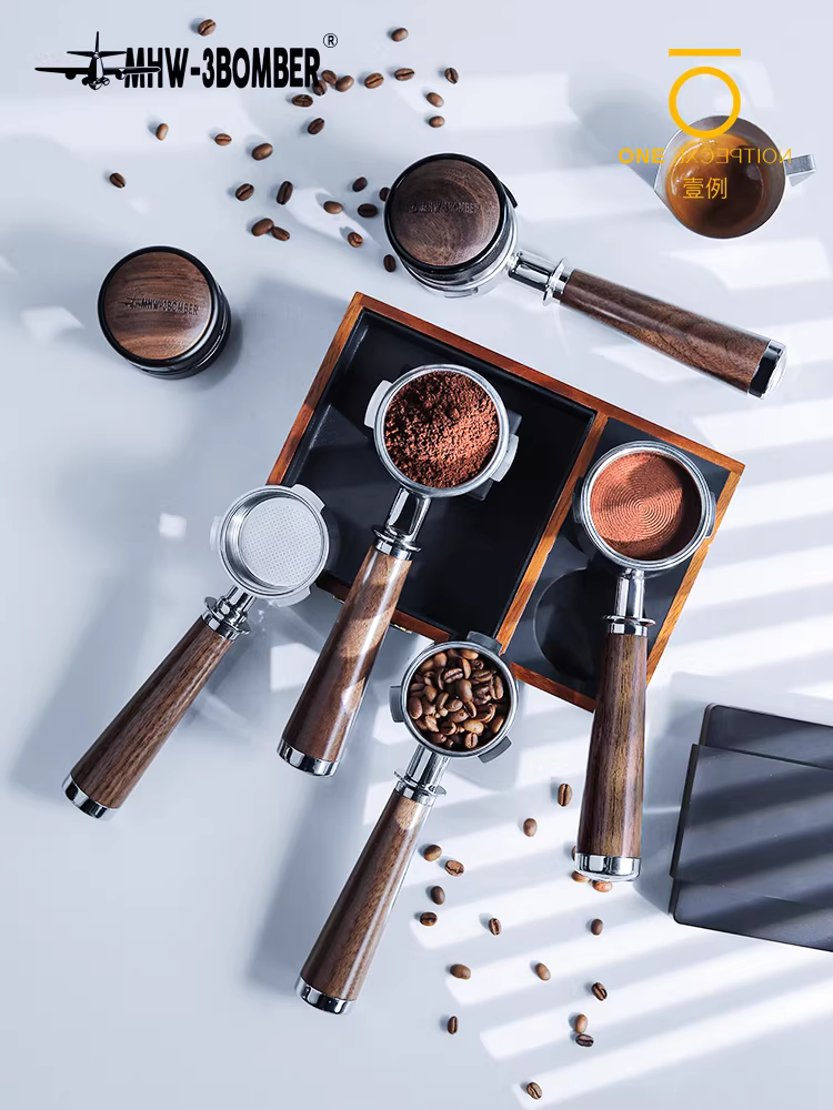 Bộ lọc cà phê không đáy Bomber MHW 51/54/58mm, máy pha cà phê espresso đã được độ chế, tay cầm gỗ, kiểu dáng cá tính.