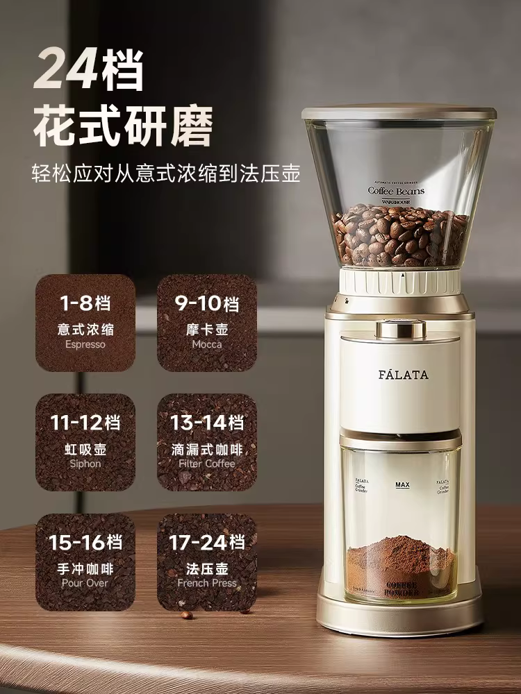 Máy xay cà phê Falata FM3 dùng trong gia đình, có chức năng định lượng và hẹn giờ, máy xay cà phê espresso bằng tay điện.