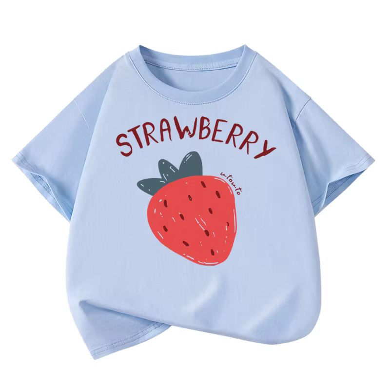 Áo thun ngắn tay cotton nguyên chất Little Hope dành cho bé gái, mùa hè, kiểu dáng xu hướng, cổ tròn, tay lửng, rộng rãi, họa tiết dâu tây