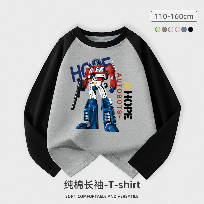 Áo thun dài tay cho bé trai, chất liệu cotton nguyên chất, kiểu dáng xuân thu, áo lót trẻ em, áo robot hoạt hình cho bé trai, quần áo thời trang cho trẻ lớn.
