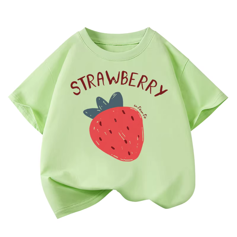 Áo thun ngắn tay cotton nguyên chất Little Hope dành cho bé gái, mùa hè, kiểu dáng xu hướng, cổ tròn, tay lửng, rộng rãi, họa tiết dâu tây