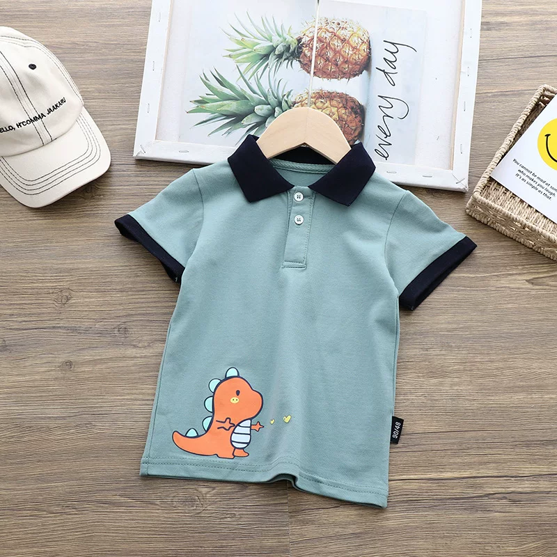 Áo polo bé trai có cổ, chất liệu cotton nguyên chất, kiểu dáng thời trang mùa hè mới, áo thun ngắn tay họa tiết khủng long trẻ em, kiểu dáng thời thượng 2