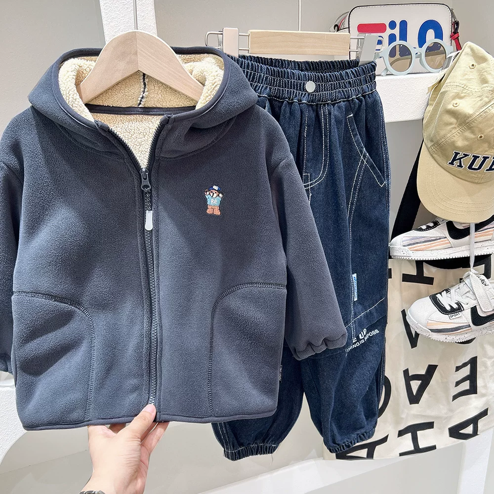 Áo khoác lót lông cừu cho bé trai, quần áo mùa đông bằng len cừu, áo khoác cotton dày cho trẻ em, áo khoác cotton có mũ mùa thu đông, hợp thời trang.