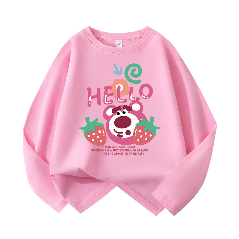 Áo thun dài tay cho bé gái, chất liệu cotton nguyên chất, kiểu dáng mới cho mùa xuân thu, quần áo trẻ em sành điệu với thiết kế hình gấu dâu tây, cổ tròn, dành cho trẻ lớn, áo cơ bản hợp thời trang.
