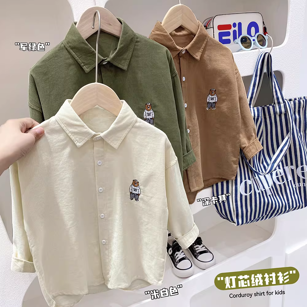 Áo sơ mi cotton trẻ em 2025 kiểu Hàn Quốc, mùa xuân thu, thời trang, dáng rộng, tay dài cho bé trai lớn hơn