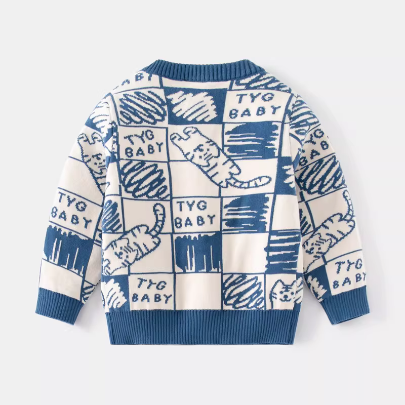 Áo len trẻ em nam xuân 2025, kiểu dáng mở trước, in hình mèo toàn thân, chất liệu cotton dệt kim jacquard hai lớp.