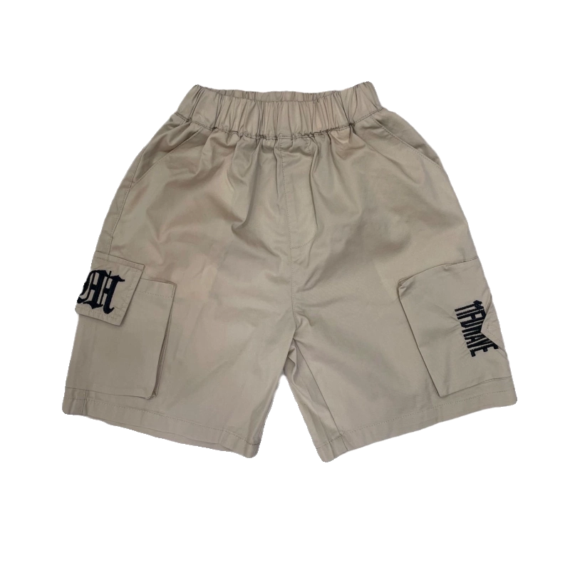 Quần short bé trai mặc ngoài, quần cargo phong cách hip-hop thời thượng cho trẻ lớn, dáng rộng, quần short năm điểm chất liệu cotton mỏng cho trẻ em.