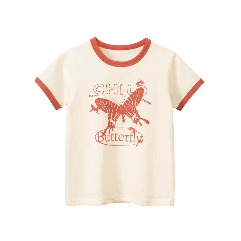 Áo thun cotton ngắn tay nguyên chất dành cho nữ phong cách Hàn Quốc mới quần áo trẻ em in hình bướm mùa hè mỏng thoáng khí nửa tay cổ tròn hợp thời trang