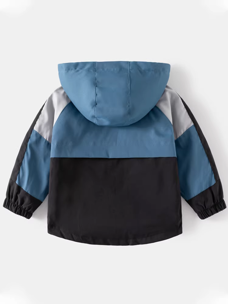 Áo khoác có mũ trẻ em mùa xuân đông 2025, áo khoác bé trai phối màu khóa kéo, áo khoác gió dày dặn hai lớp lót lông cừu